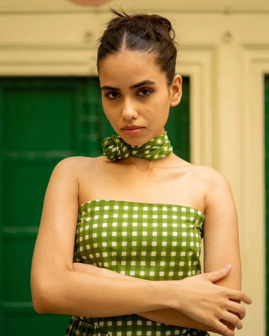 Apple Blossom – Green Gingham Tube Midi Dress