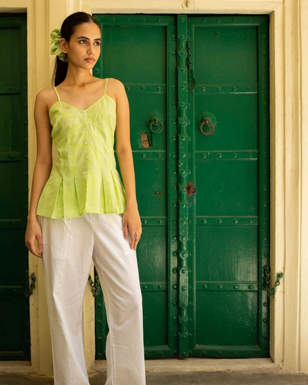 Lime Blossom – Green Gingham Peplum Dress