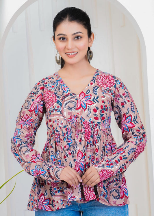 Pink Beige Block Print Cotton Top