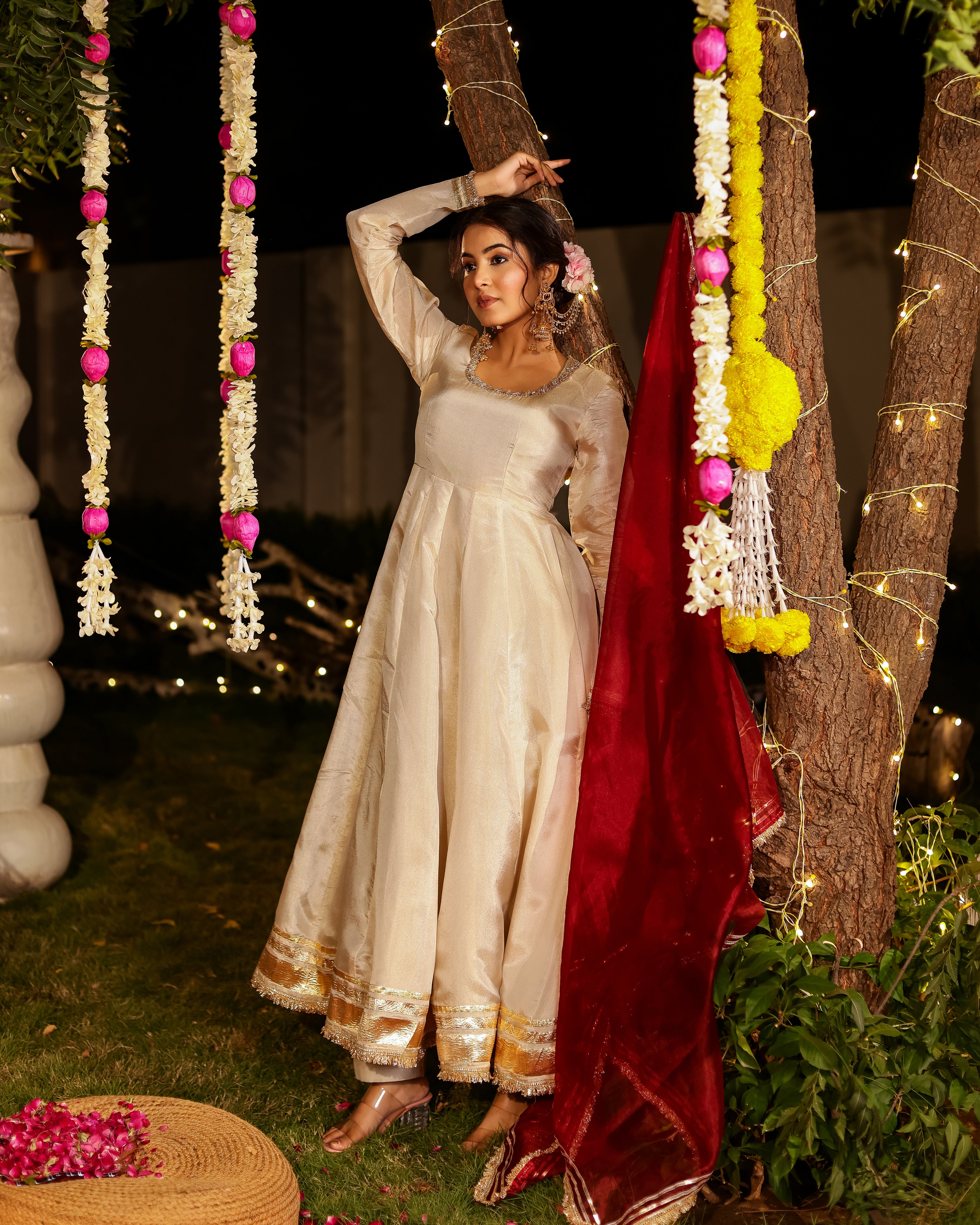 Noor Ivory Anarkali Set with Mehroon Duppata