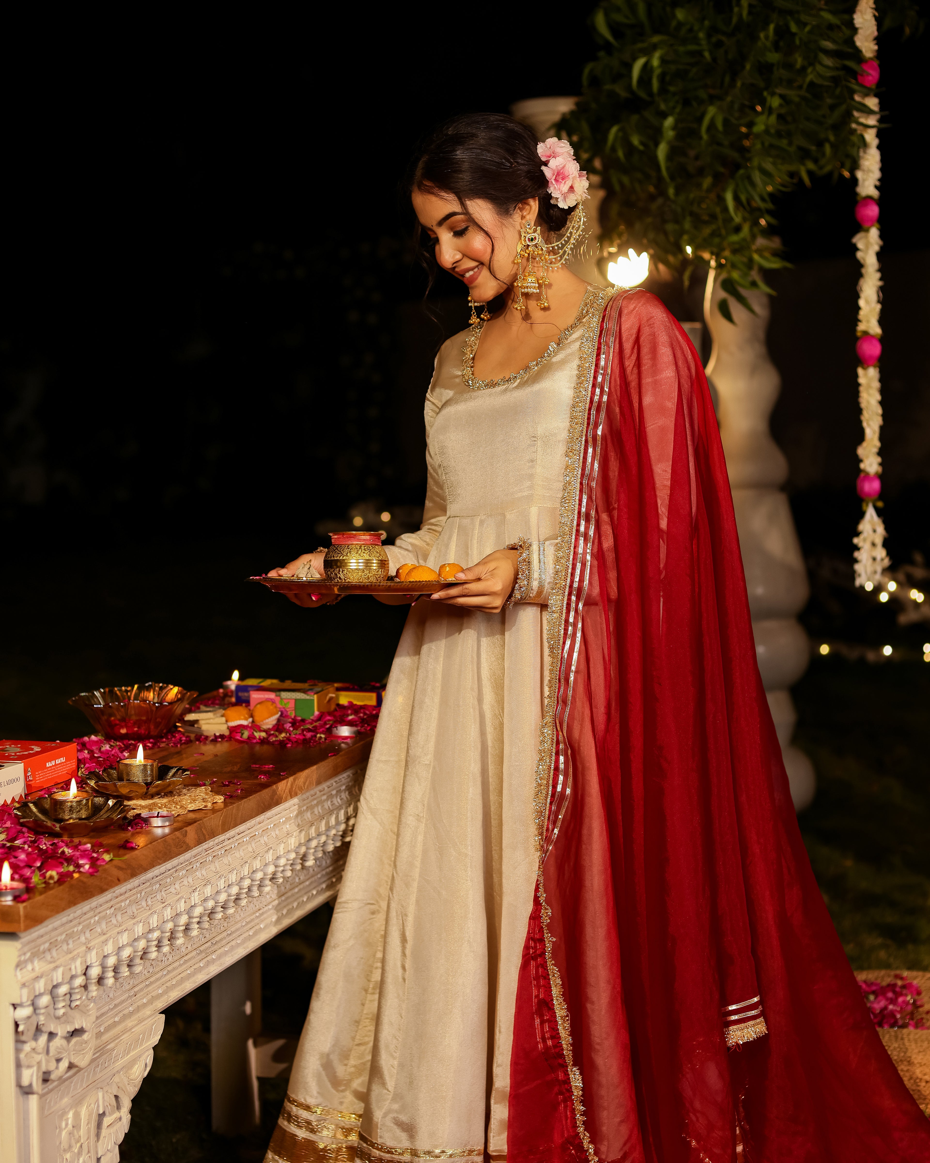 Noor Ivory Anarkali Set with Mehroon Duppata