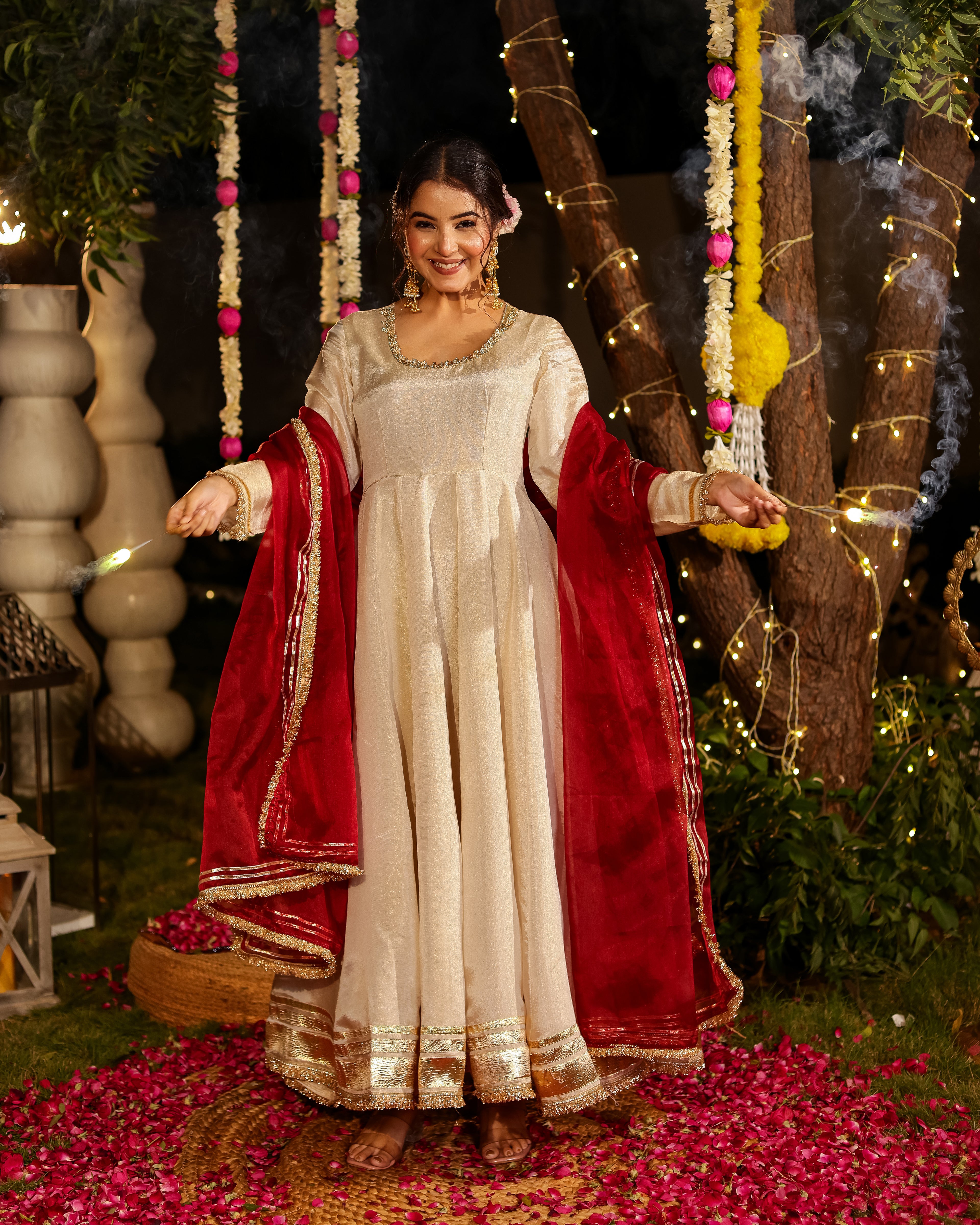 Noor Ivory Anarkali Set with Mehroon Duppata