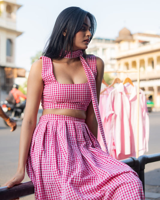 Berry Blossom – Pink Gingham Cotton Skirt Set