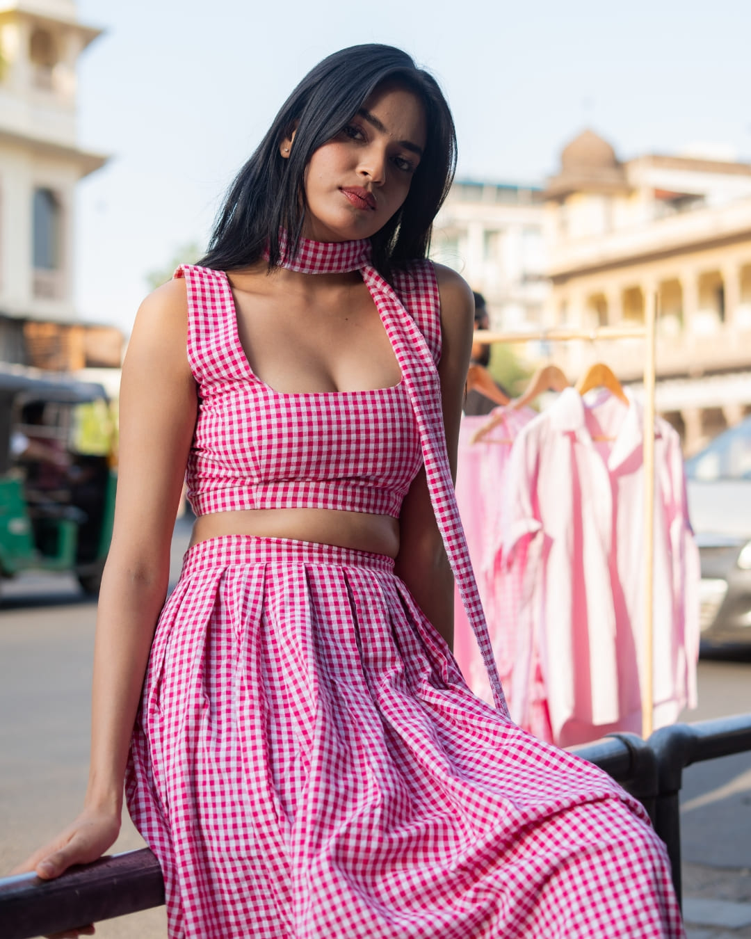 Berry Blossom – Pink Gingham Cotton Skirt Set