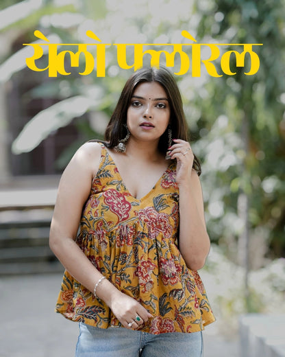 Yellow Floral Block Print Cotton Top