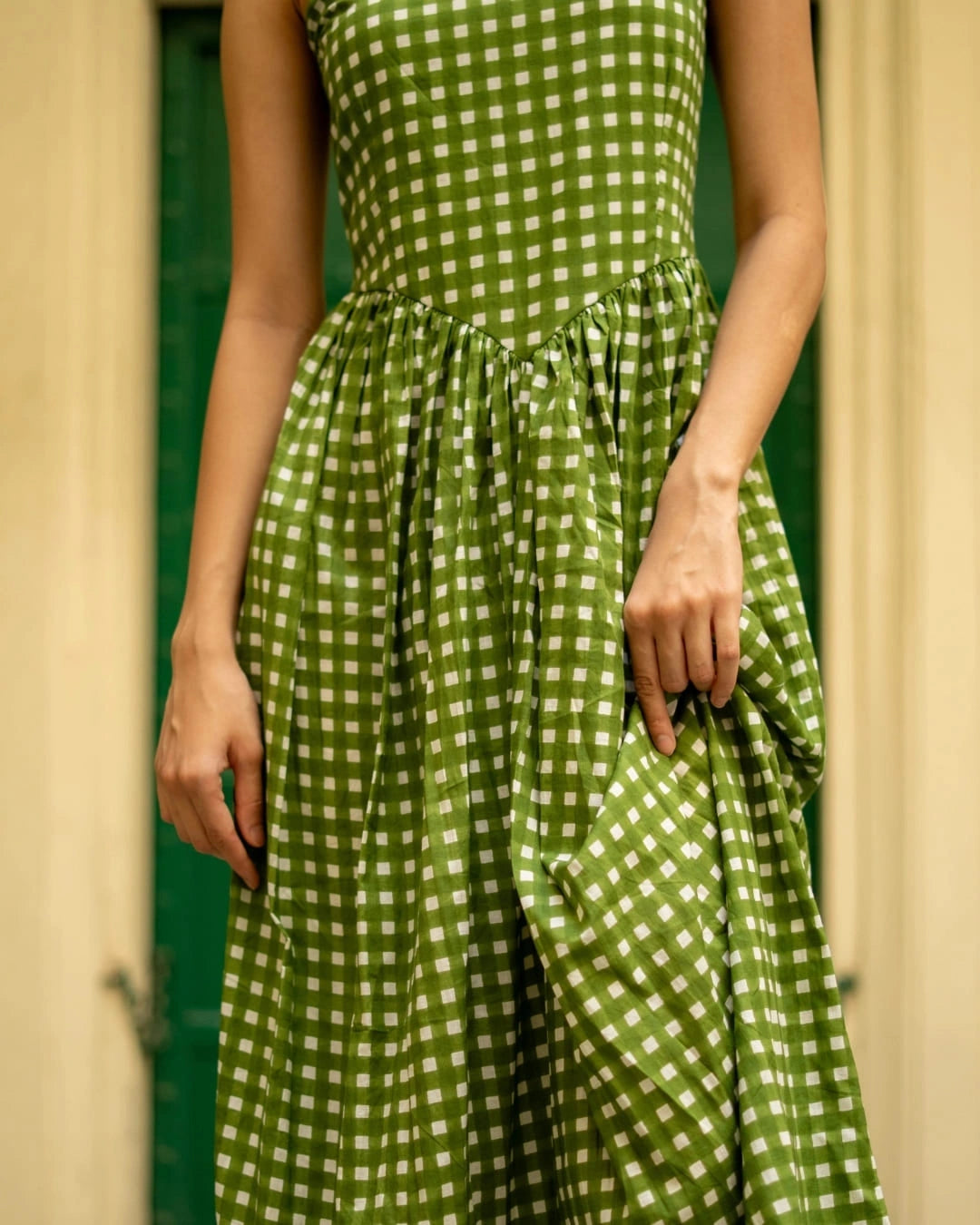 Apple Blossom – Green Gingham Tube Midi Dress
