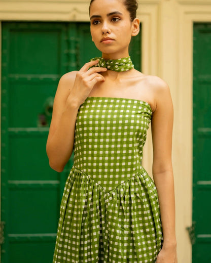 Apple Blossom – Green Gingham Tube Midi Dress