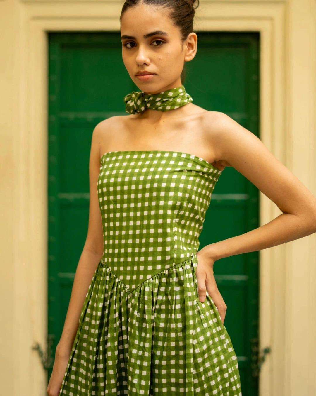 Apple Blossom – Green Gingham Tube Midi Dress