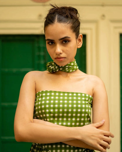 Apple Blossom – Green Gingham Tube Midi Dress
