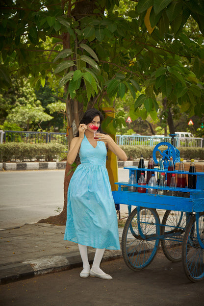 Blueberry Breeze – Sky Blue Gingham Halter Dress
