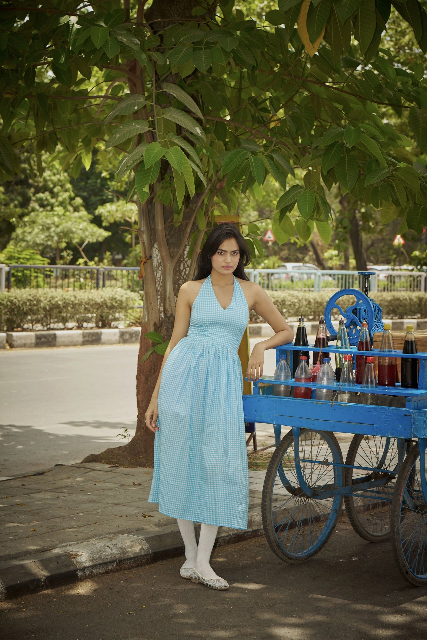 Blueberry Breeze – Sky Blue Gingham Halter Dress