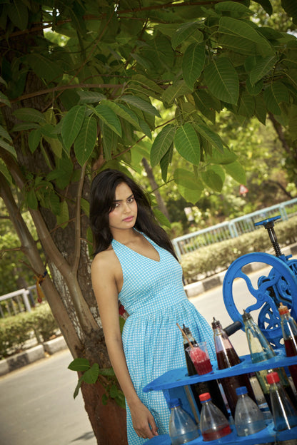 Blueberry Breeze – Sky Blue Gingham Halter Dress