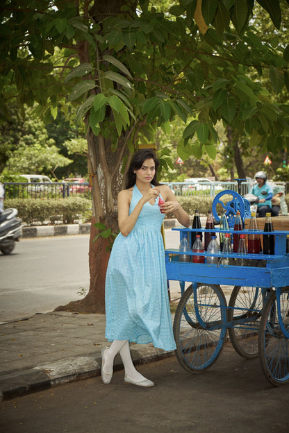 Blueberry Breeze – Sky Blue Gingham Halter Dress