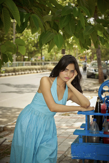 Blueberry Breeze – Sky Blue Gingham Halter Dress