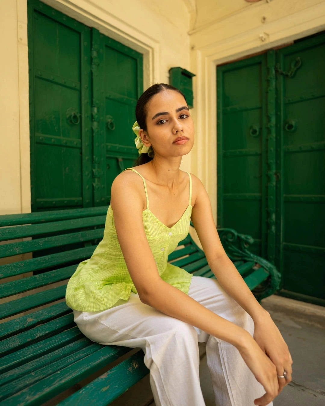 Lime Blossom – Green Gingham Peplum Dress