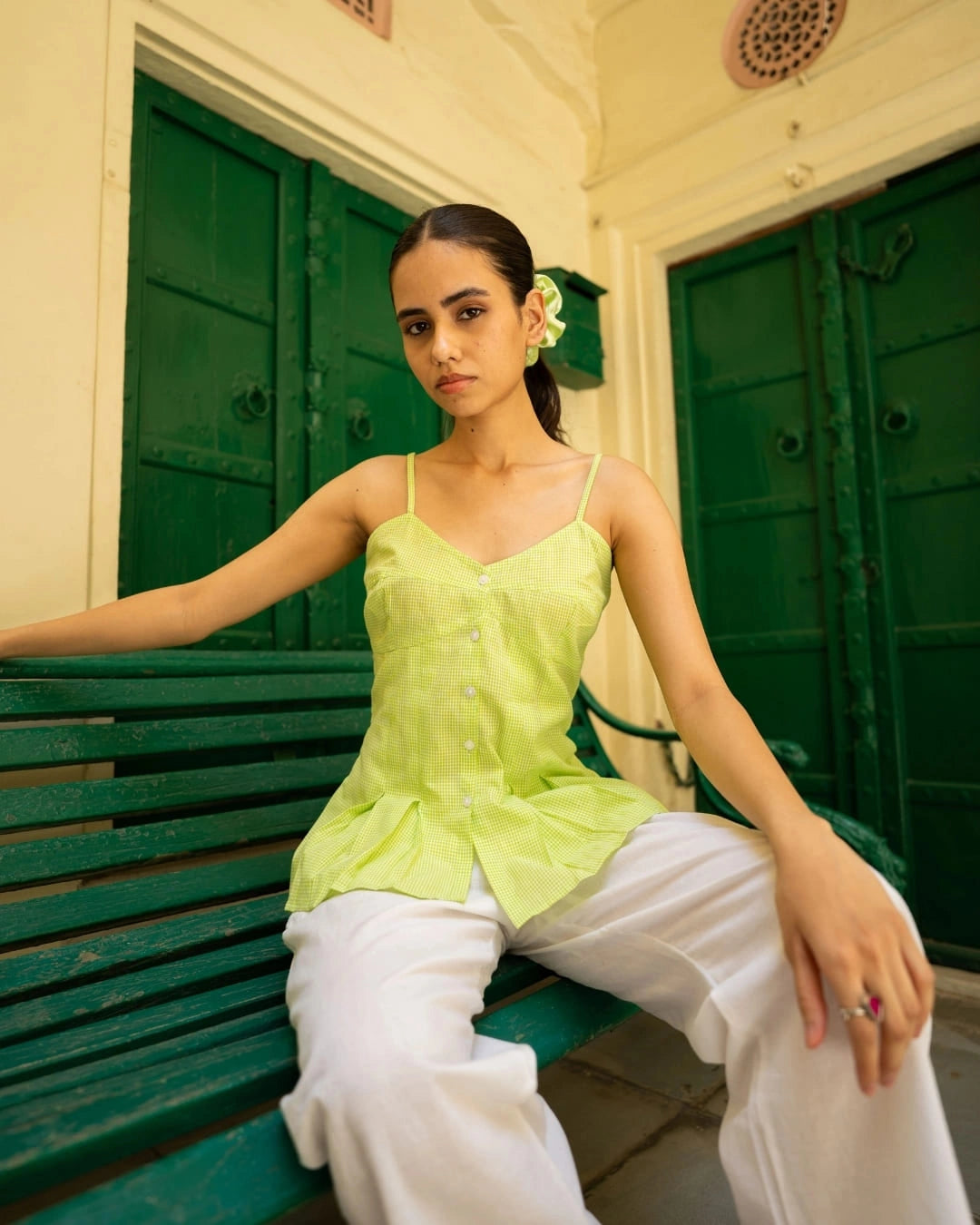 Lime Blossom – Green Gingham Peplum Dress