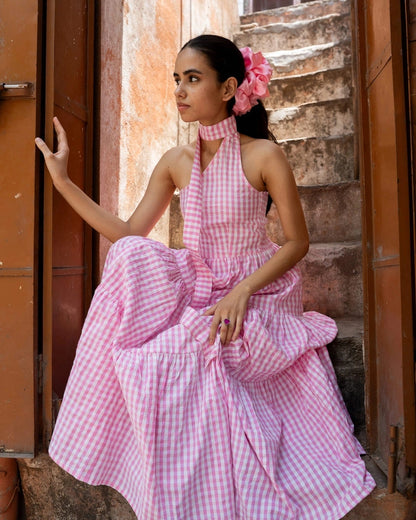 Strawberry Blossom – Pink Gingham Halter Dress