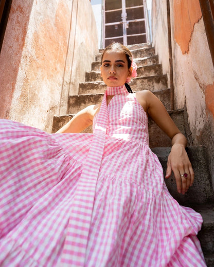 Strawberry Blossom – Pink Gingham Halter Dress