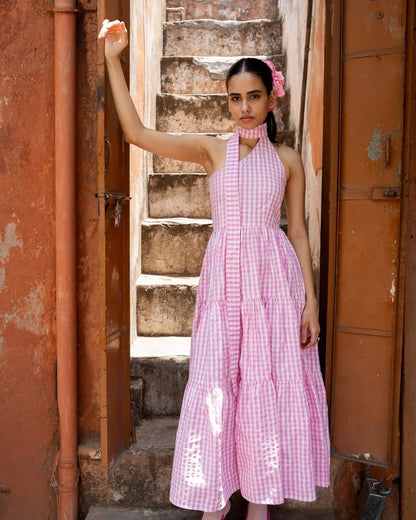 Strawberry Blossom – Pink Gingham Halter Dress