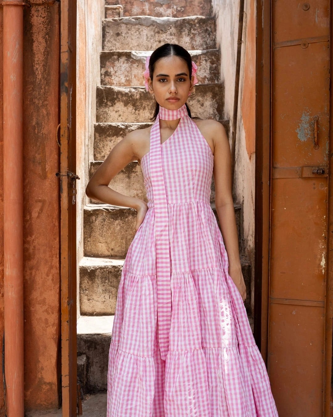 Strawberry Blossom – Pink Gingham Halter Dress