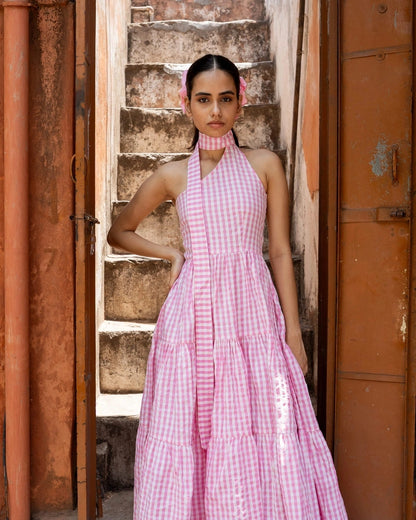 Strawberry Blossom – Pink Gingham Halter Dress