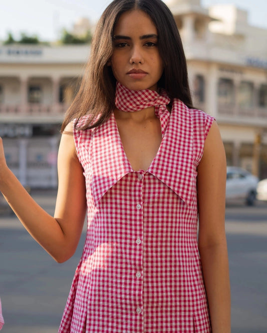 Sugar Berry – Dark Pink Gingham Collar Dress