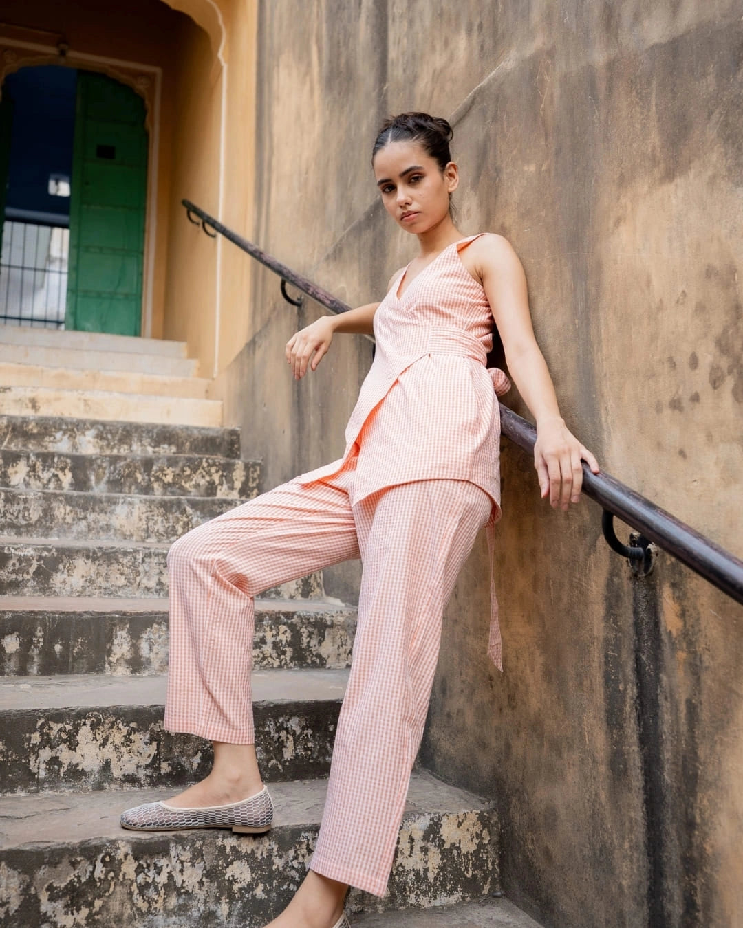 Sunset Apricot – Peach Gingham Co-Ord Set