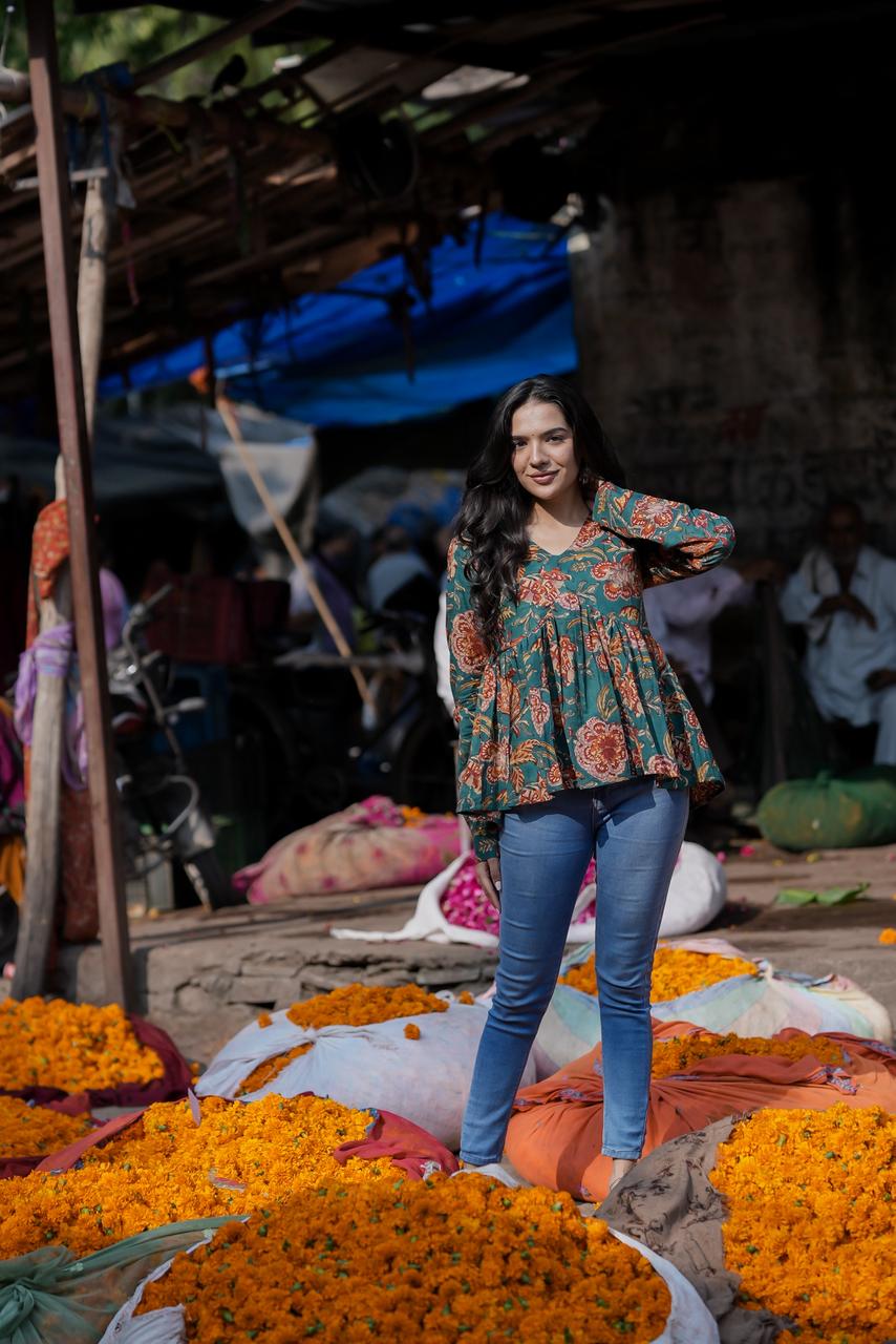 Forest Bloom Green Cotton Top