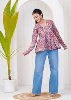 Pink Beige Block Print Cotton Top