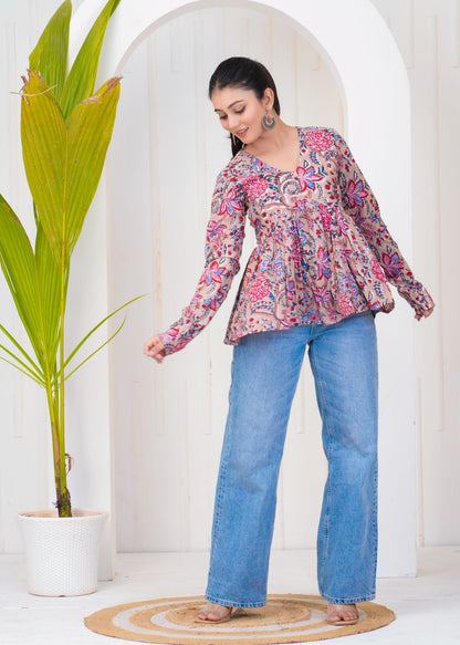 Pink Beige Block Print Cotton Top