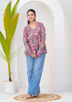 Pink Beige Block Print Cotton Top
