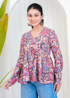 Pink Beige Block Print Cotton Top