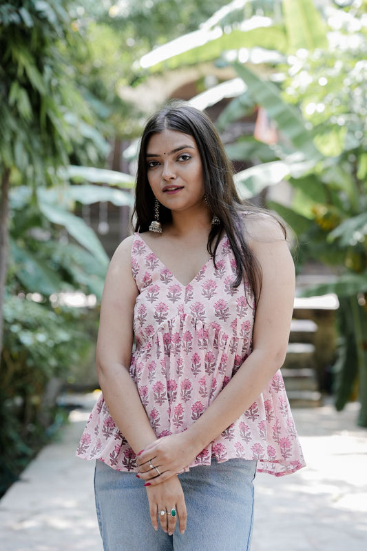 Baby Pink Block Print Cotton Top