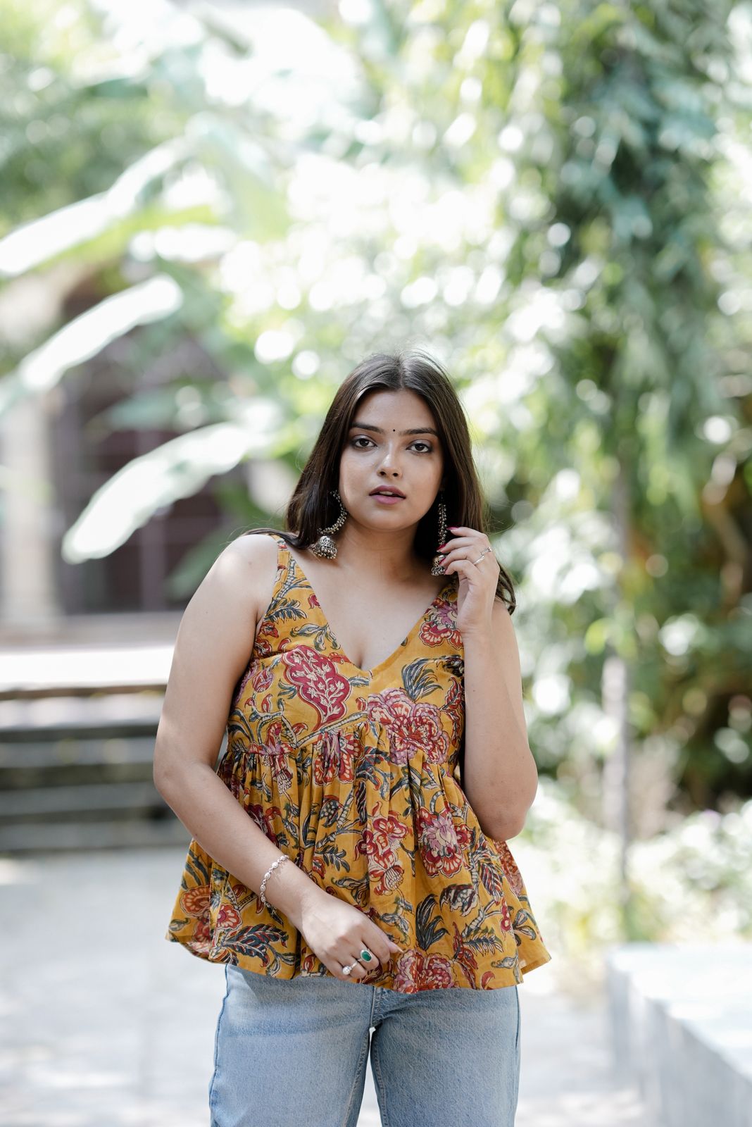 Yellow Floral Block Print Cotton Top
