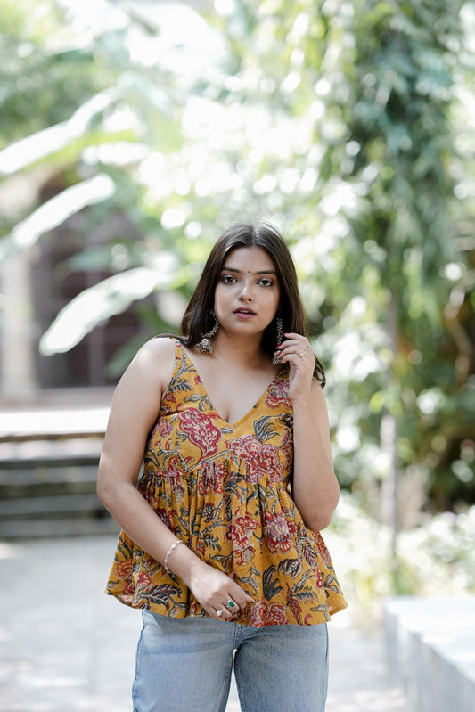 Yellow Floral Block Print Cotton Top