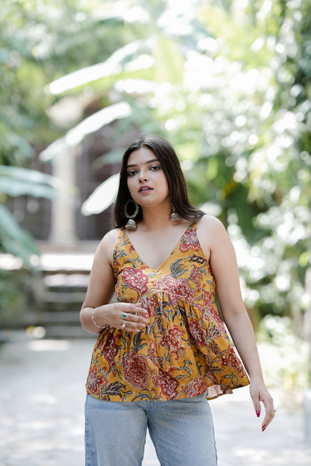 Yellow Floral Block Print Cotton Top