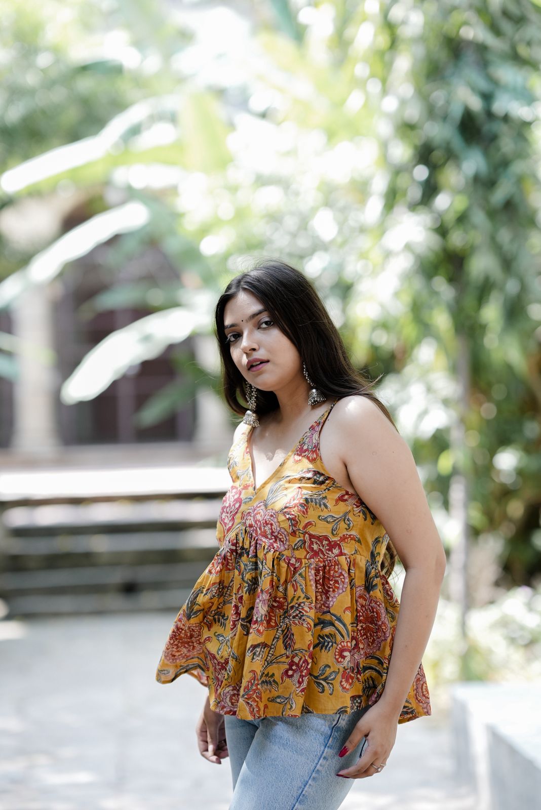 Yellow Floral Block Print Cotton Top