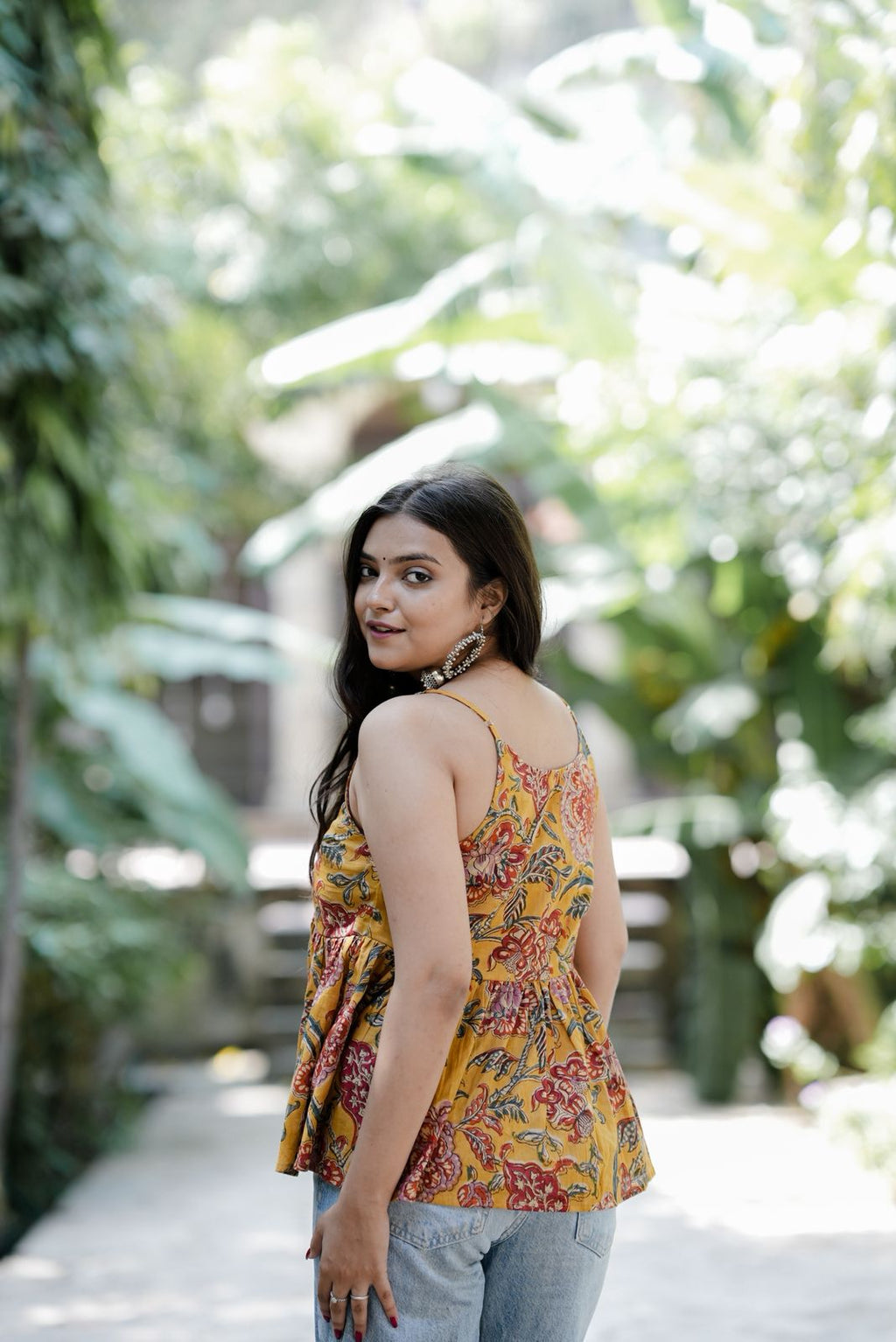 Yellow Floral Block Print Cotton Top