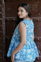 Blue Floral Block Print Cotton Top