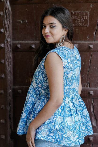 Blue Floral Block Print Cotton Top