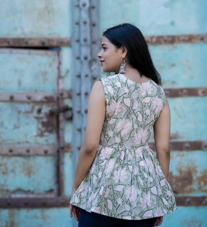 Pastel Green Floral Block Print Cotton Top