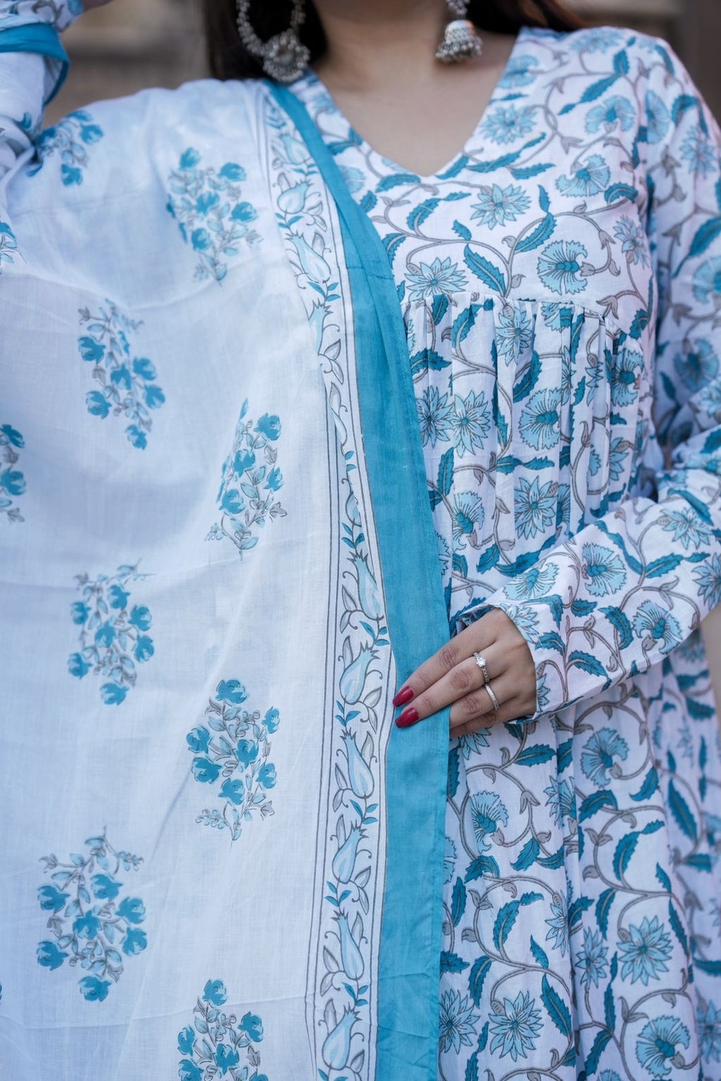 Blue White Anarkali Suit Set