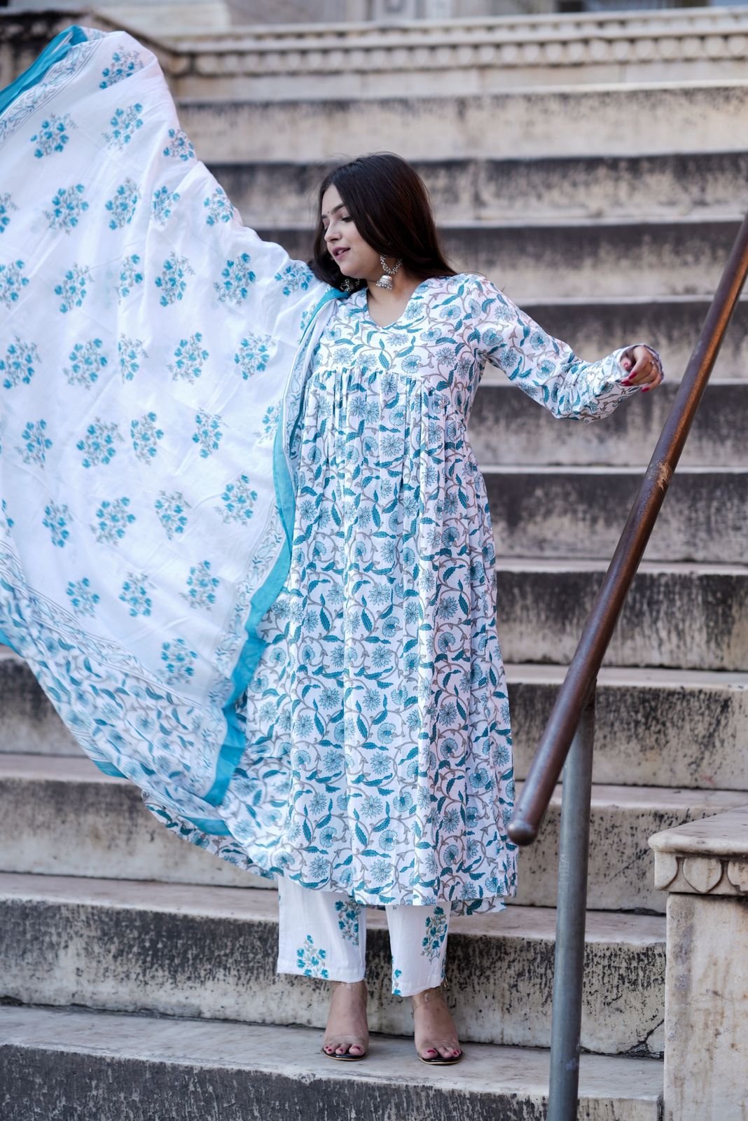 Blue White Anarkali Suit Set