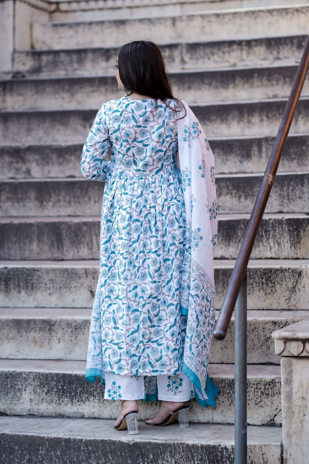 Blue White Anarkali Suit Set